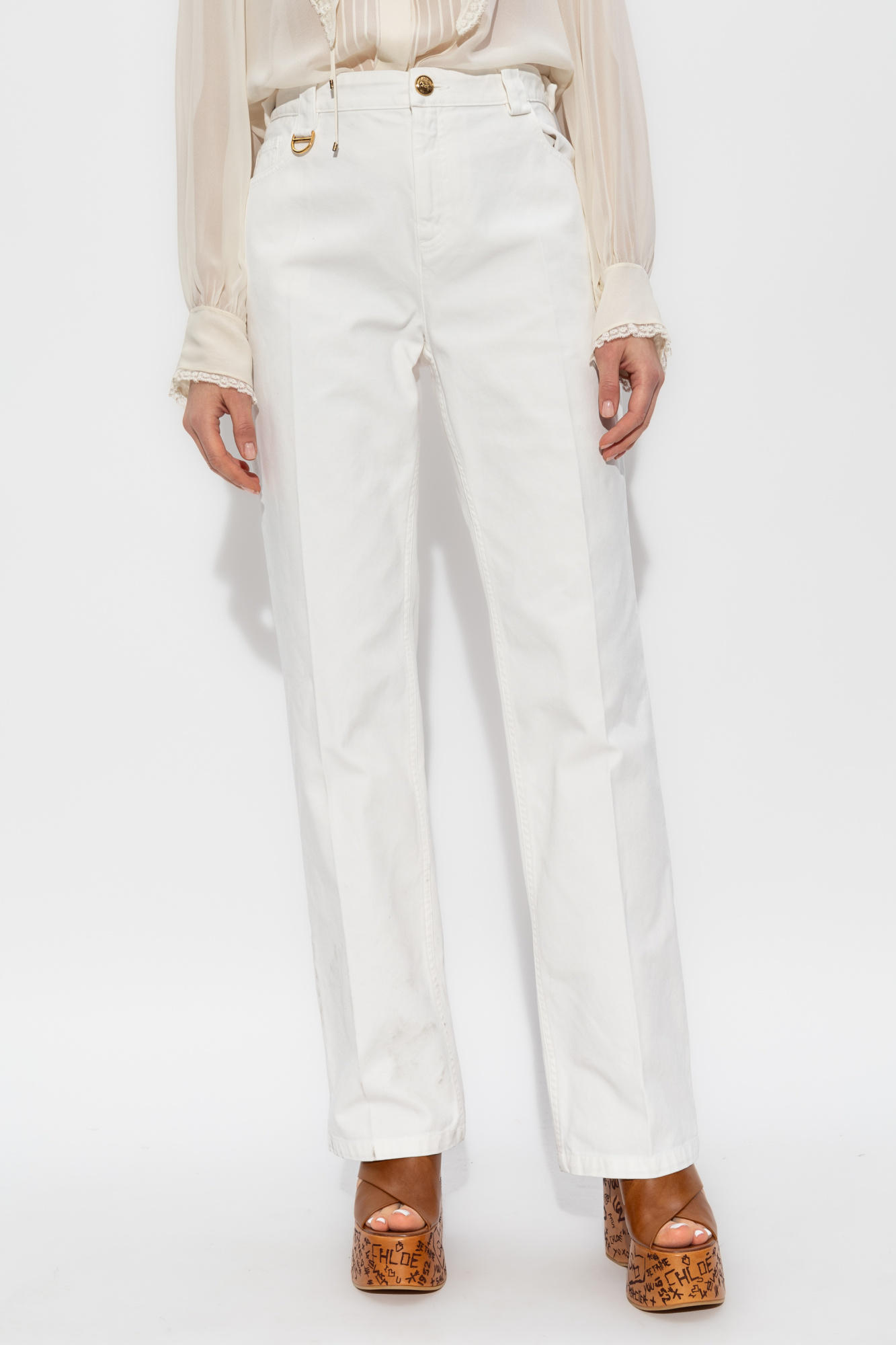 パンツ CHLOE Women Straight Pants CHC24UPA12064112 White Mid-rise straight linen pants in white - Chloe | Mytheresa